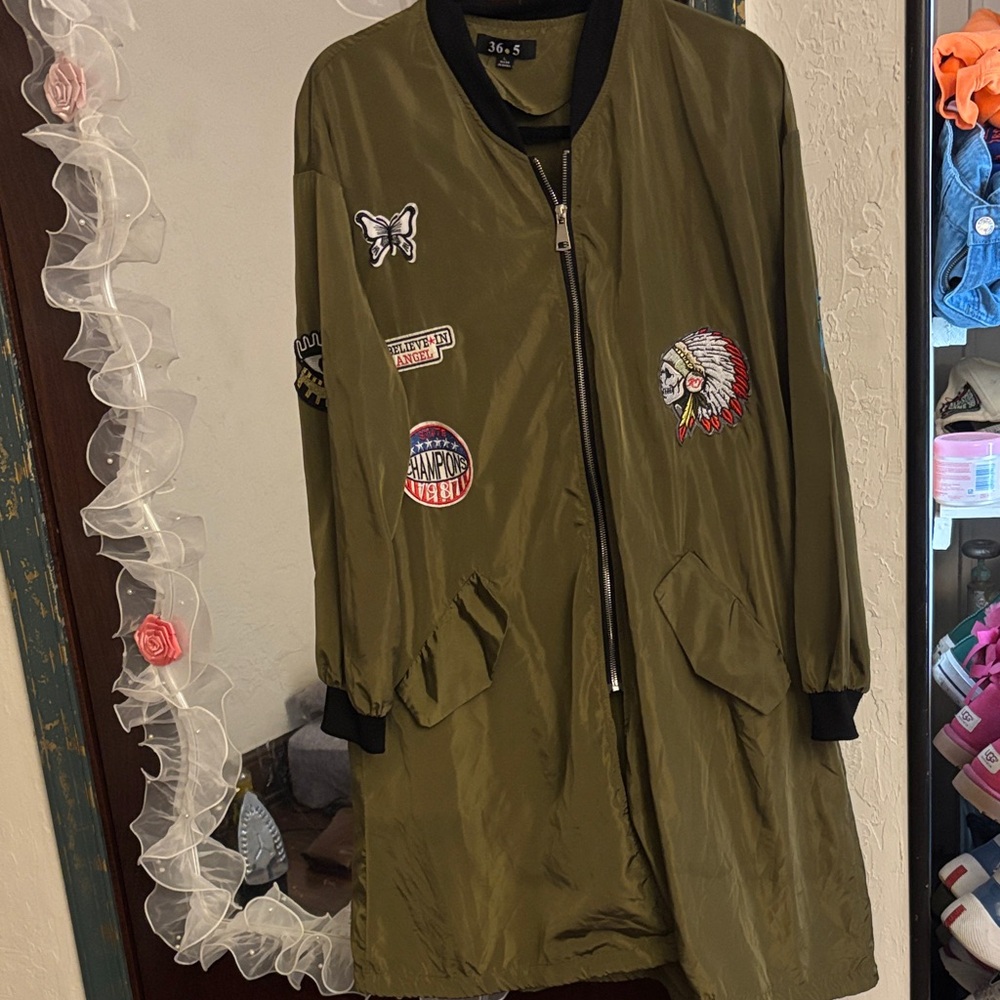 Olive Green Embroidered Bomber Jacket
